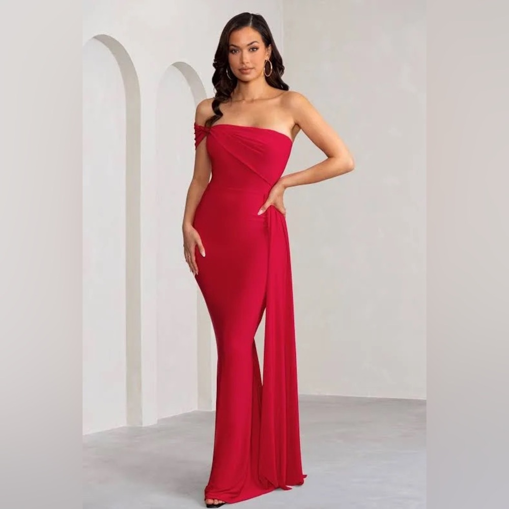 Aaliyah Red Asymmetric Bardot Maxi Dress with Drape